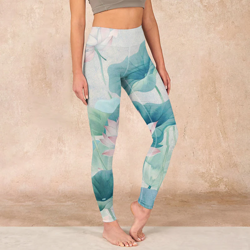 Buddha Stones Blooming White Pink Lotus Leaves Print Gym Leggings Women's Yoga Pants