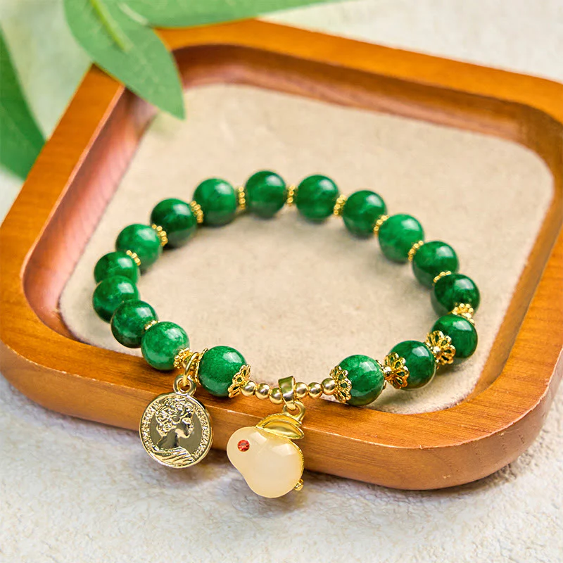 Buddha Stones Green Calcite Lovely Rabbit Charm Clarity Bracelet