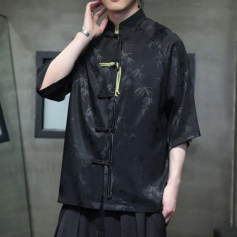 Buddha Stones Jacquard Bamboo Pattern Chinese Frog-Button Stand Collar Tang Suit Men's Cotton Shirt