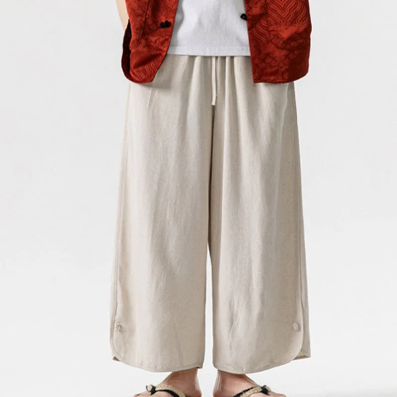 Buddha Stones Casual Loose Frog-Button Plain Men's Cotton Linen 7-8 Length Pants With Pockets