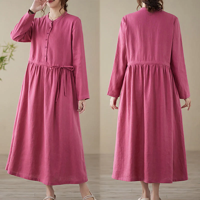 Buddha Stones Casual Plain Crew Neck Lace-up Cotton Linen Midi Dress With Pockets