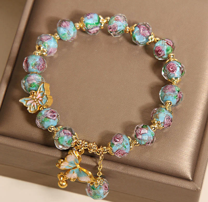 Buddha Stones Butterfly Charm Rose Flower Liuli Bracelet