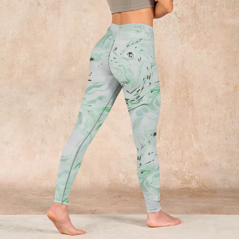 Buddha Stones Honeydew Green White Flow Line Print Exercise Leggings Women's Yoga Pants