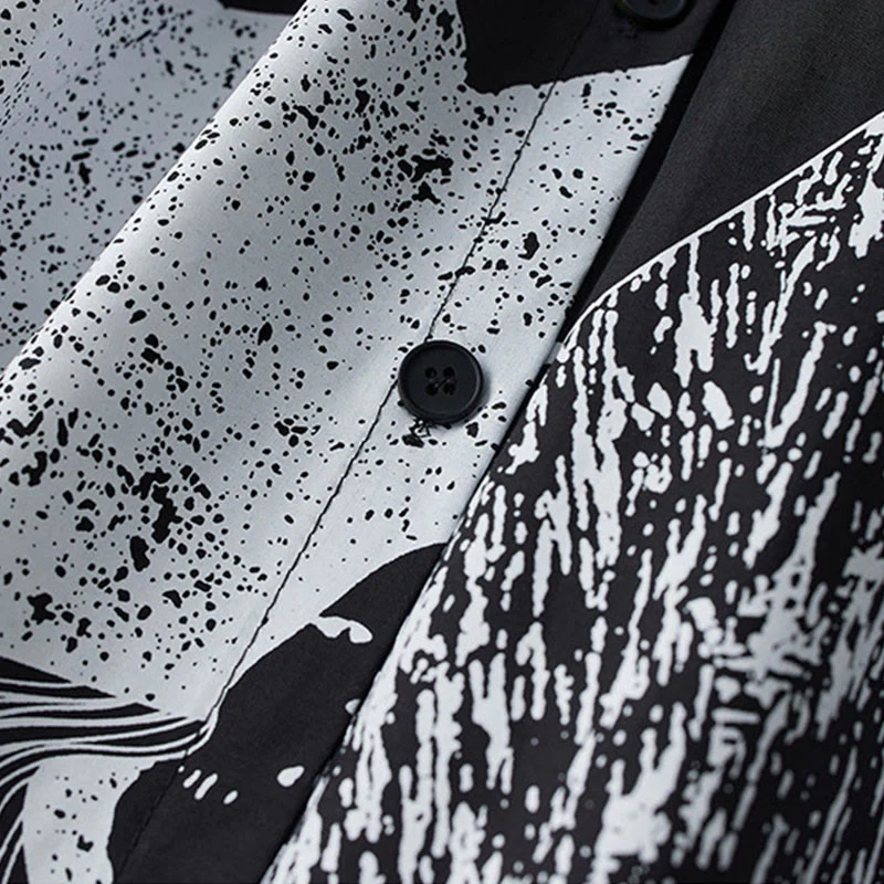 Buddha Stones Printing Irregular Lines Back Lace-up Design Lapel Cotton Midi Dress With Pockets