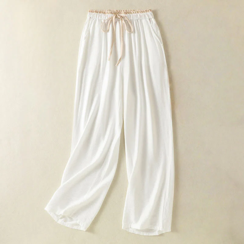Buddha Stones Vintage Casual Pure Color Drawstring Ankle-Length Women's Cotton Linen Pants With Pockets