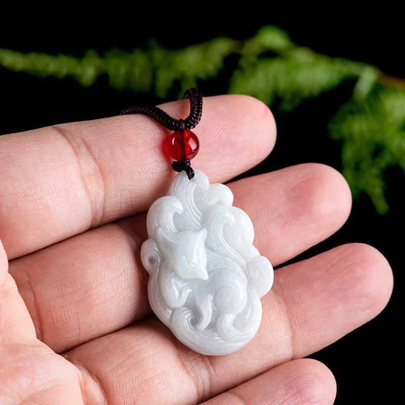 Buddha Stones Natural Jade Nine Tailed Fox Luck Necklace Pendant