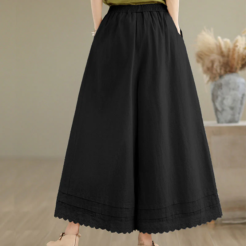 Buddha Stones Commute Simple Lace Design 7-8 Length Women's Wide Leg Cotton Linen Pants With Pockets