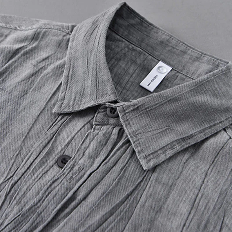 Buddha Stones Retro Pleats Buttons Men's Long Sleeve Ramie Linen Shirt With Pockets