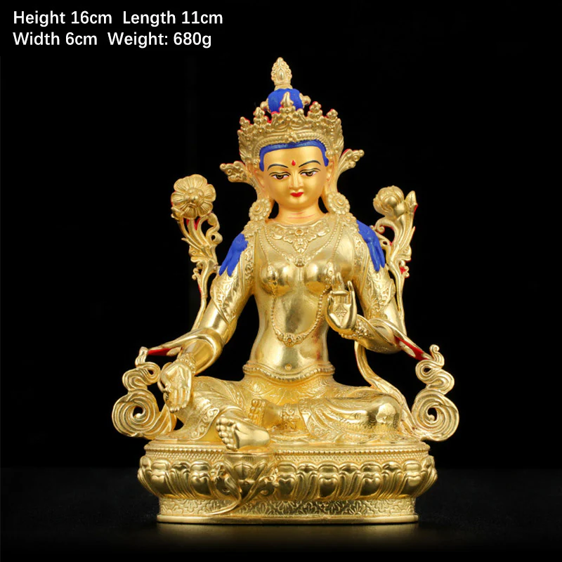 Buddha Stones Bodhisattva Green Tara Protection Copper Gold Plated Statue Decoration