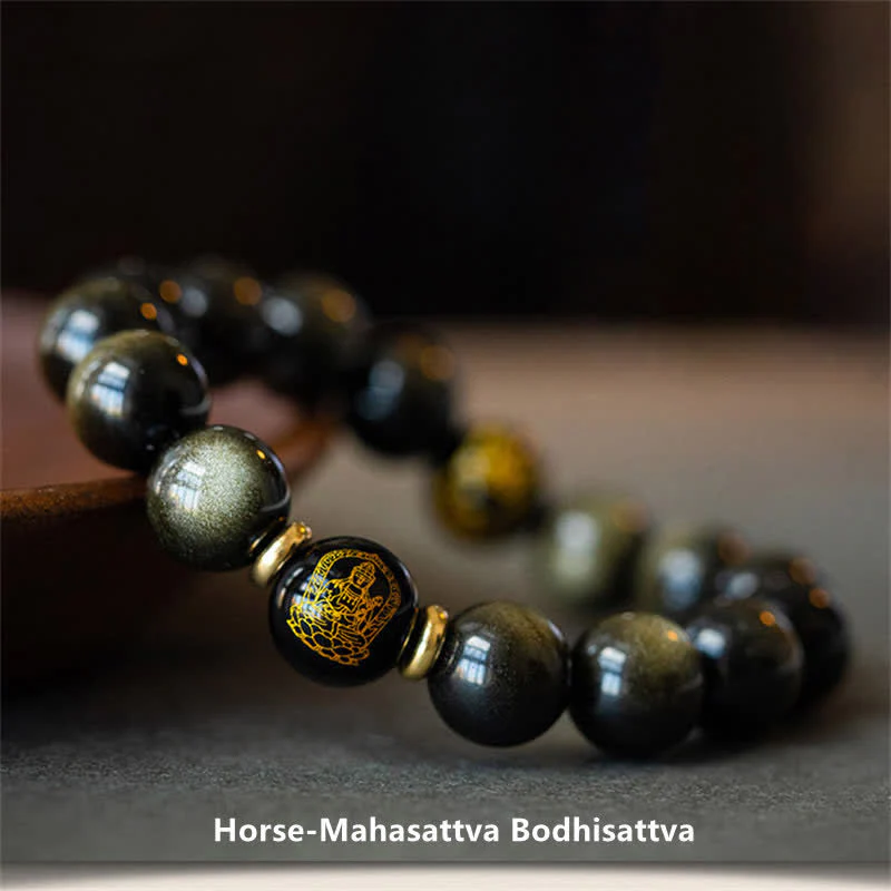 Buddha Stones Chinese Zodiac Natal Buddha Gold Sheen Obsidian Wealth Protection Bracelet