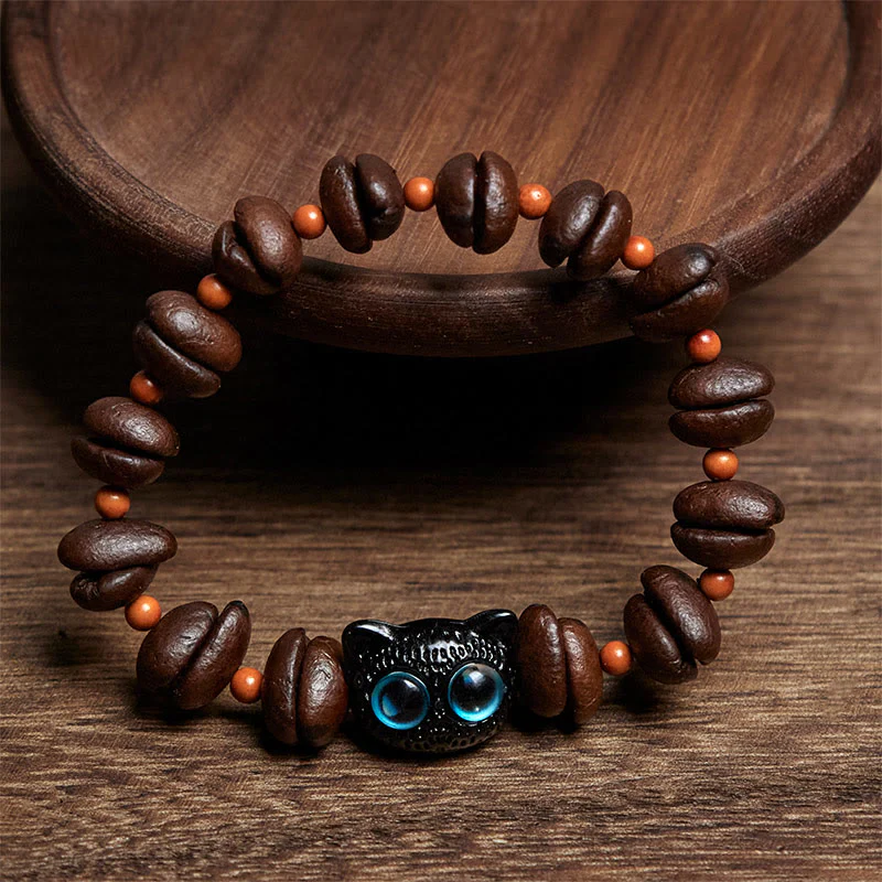 Buddha Stones Natural Cute Cat Coffee Beans Bracelet
