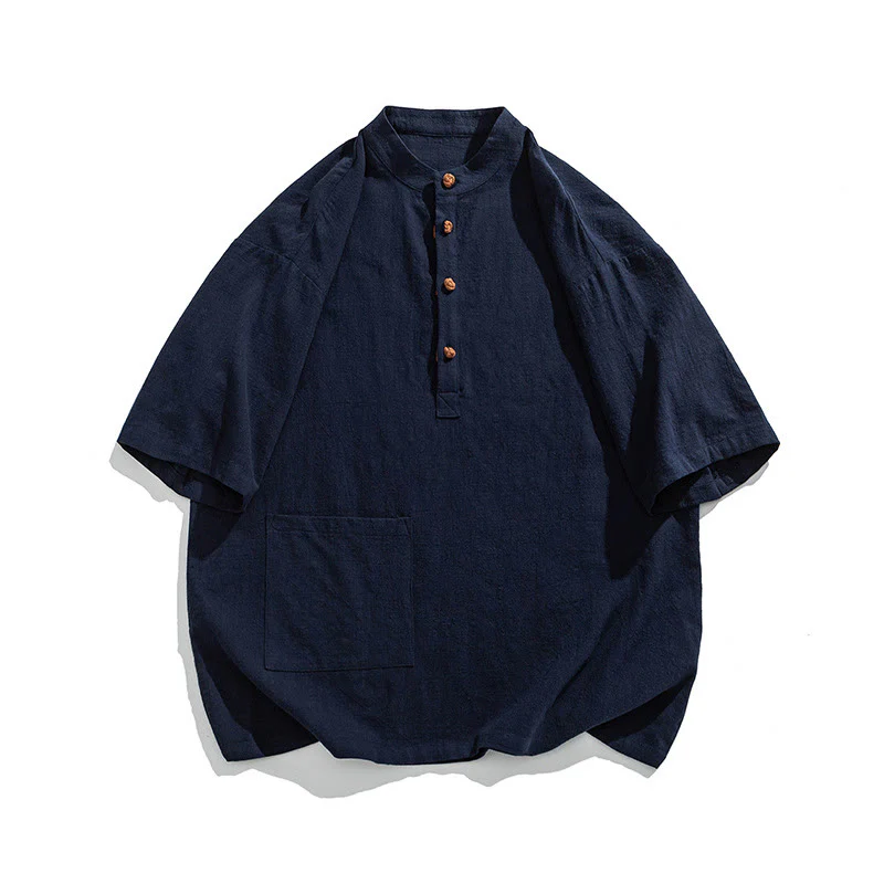 Buddha Stones Casual Half Frog-Button Design Stand Collar Tang Suit Men's Half Sleeve Cotton Shirt With Pocket