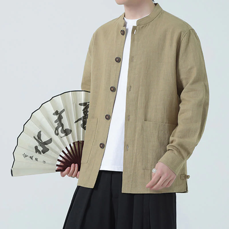 Buddha Stones Men's Button Ramie Linen Cotton Fleece Lined Jacket Shirt With Pockets