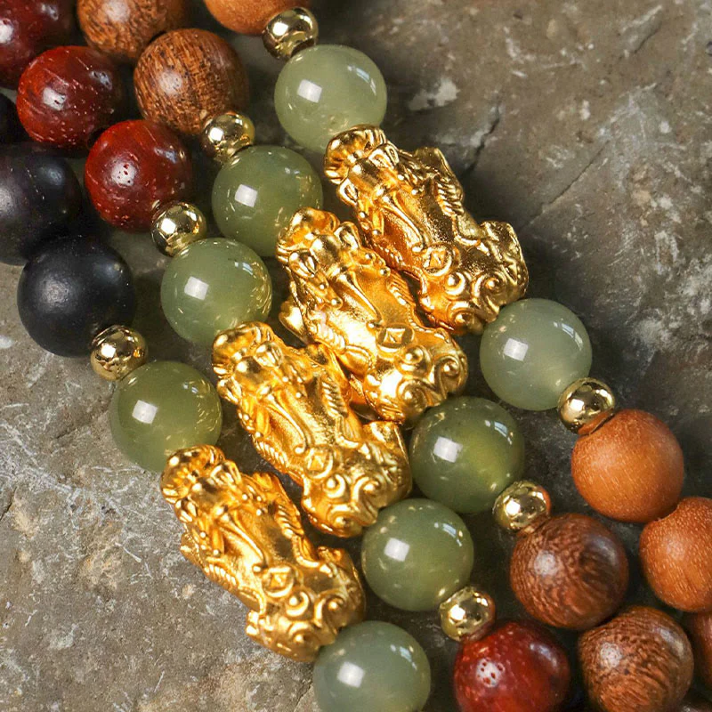 Buddha Stones 999 Sterling Silver Sandalwood Ebony Wood Small Leaf Red Sandalwood Hetian Jade Cinnabar PiXiu Wealth Bracelet
