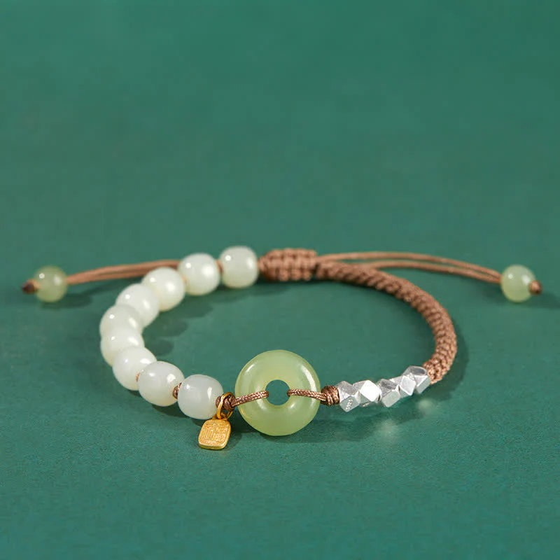 Buddha Stones 925 Sterling Silver Hetian Jade Peace Buckle Beaded Luck Happiness Charm Bracelet