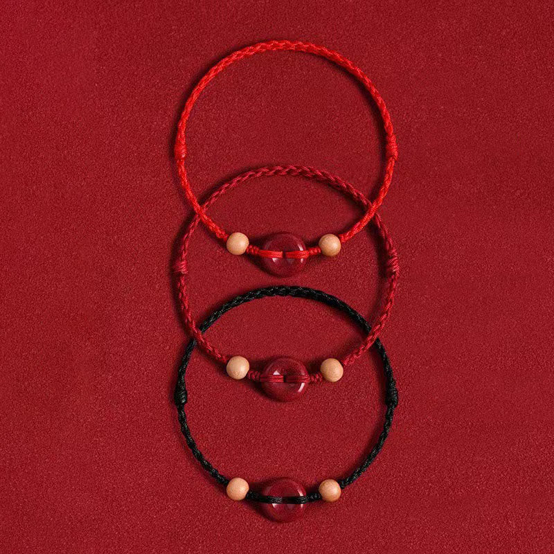 Buddha Stones Peach Wood Peace Buckle Cinnabar Wealth String Bracelet Anklet