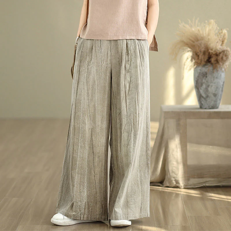 Buddha Stones Casual Tan Women's Cotton Elastic Waist  Wide Leg Pants With Pockets