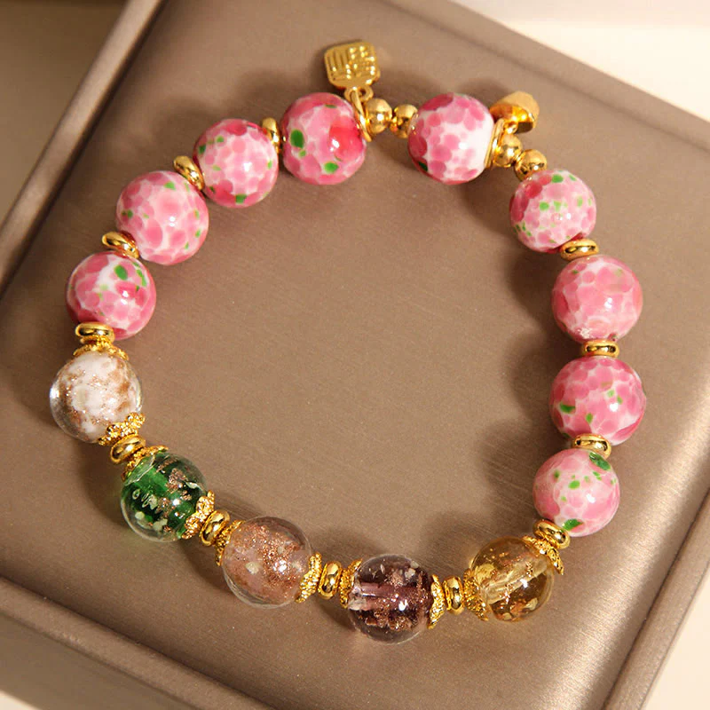 Buddha Stones Fu Character Pink Liuli Luck Bracelet