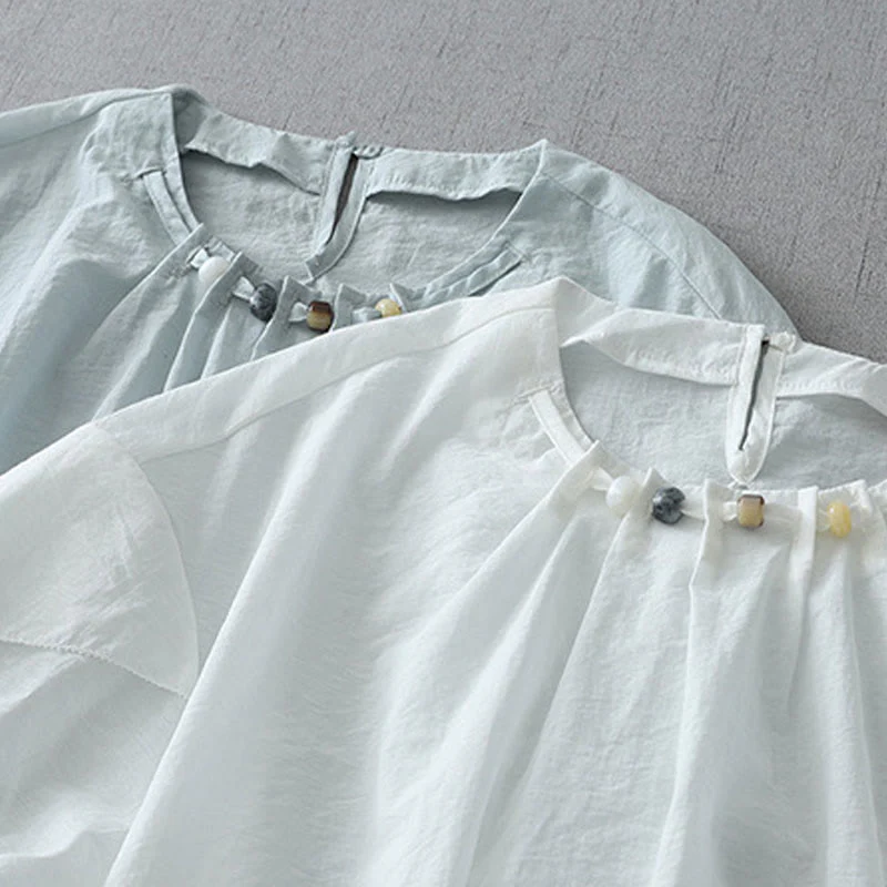 Buddha Stones Beads Crew Neck Design Cotton Short Sleeve Women's Shirt