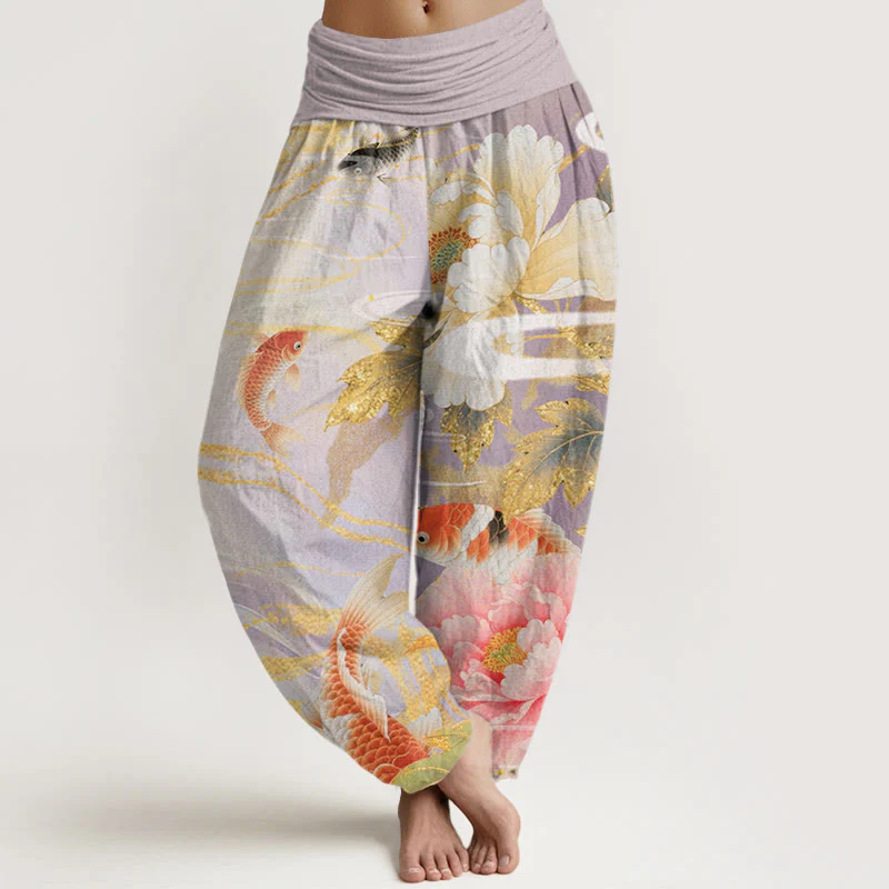 Buddha Stones Casual Peony Koi Fish Golden-Edged Leaves Pattern Women's Elastic Waist Harem Pants
