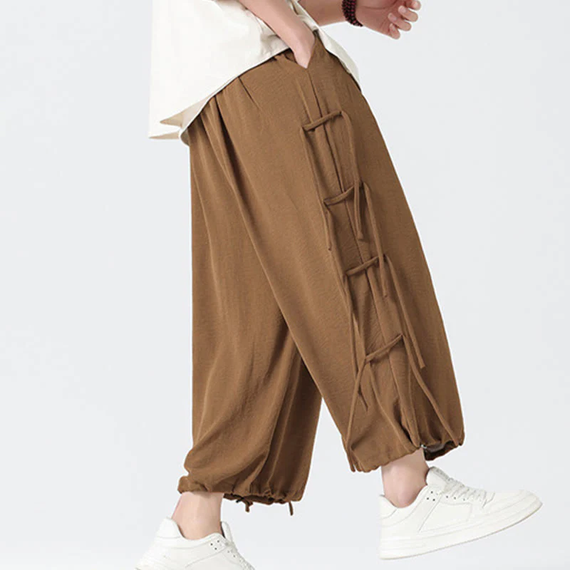 Buddha Stones Casual Loose Lanyard Design Waist Rope Men's 7-8 Length Spandex Pants With Pockets