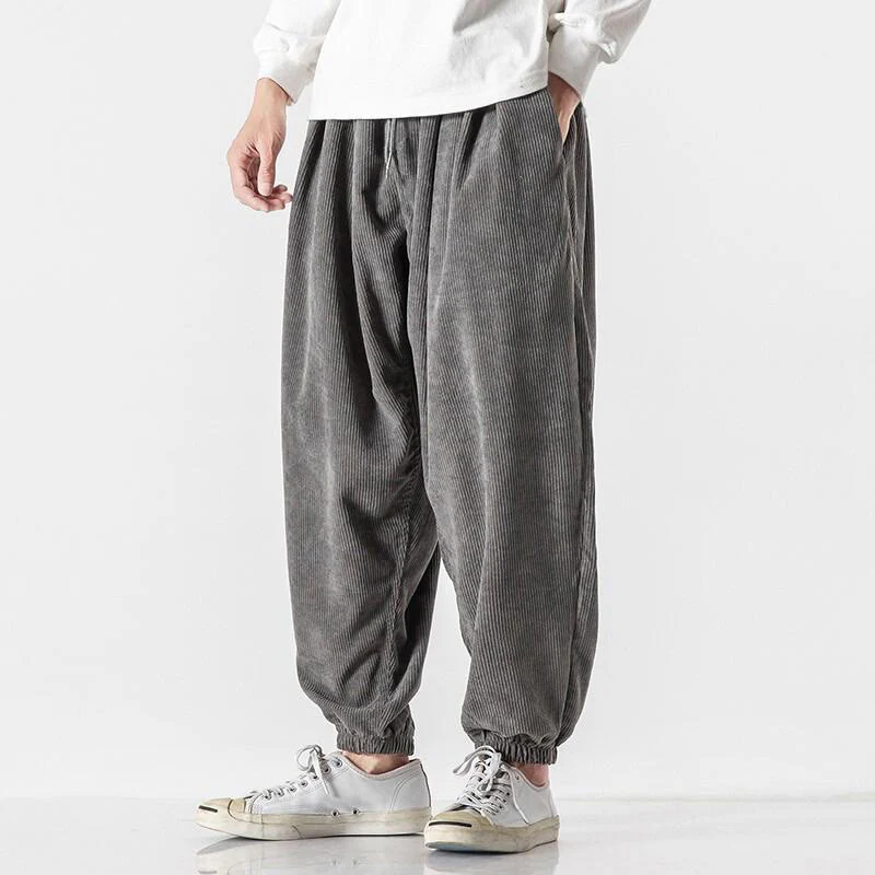 Buddha Stones Casual Pure Color Men's Drawstring Corduroy Harem Ankle-Length Pants With Pockets