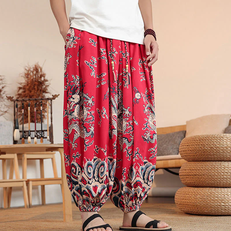 Buddha Stones Dragon Print Cotton Men's Harem Ankle-Length Pants With Pockets