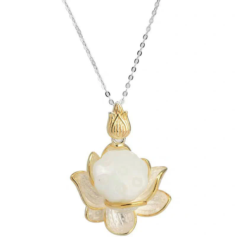 Buddha Stones White Jade Lotus Flower Happiness Necklace
