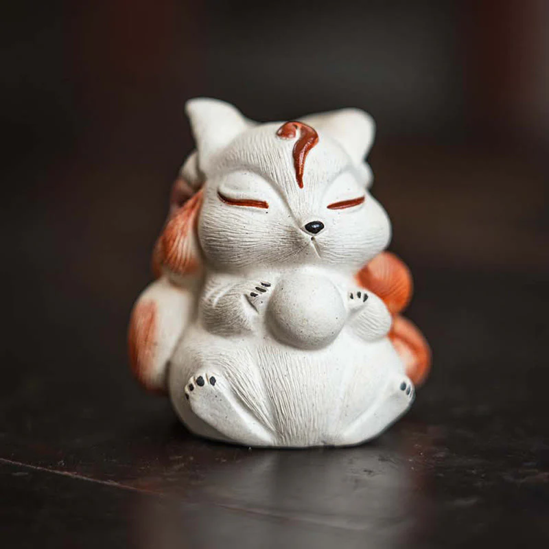 Buddha Stones Mini Nine Tailed Fox Purple Clay Luck Desk Decoration