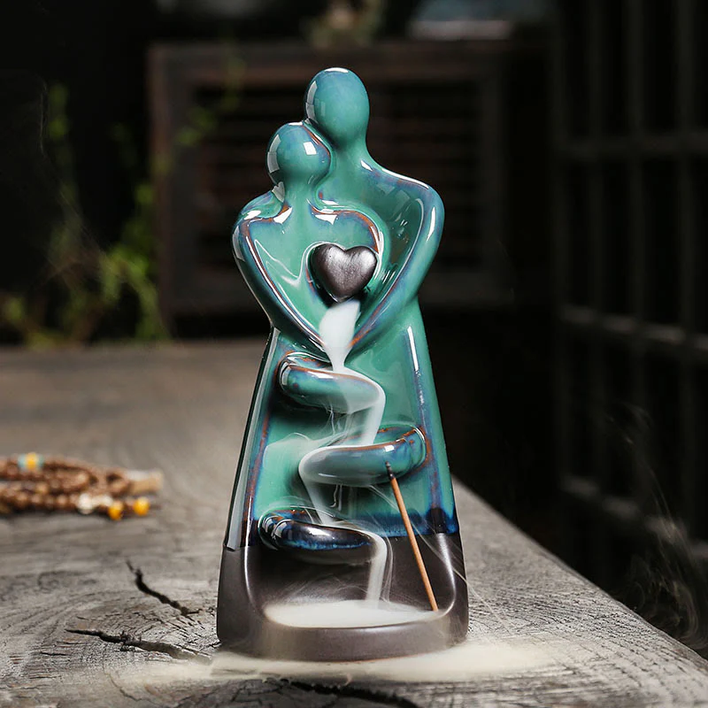 Buddha Stones Lovers Couple Embrace Love Ceramic Backflow Smoke Fountain Healing Incense Burner Decoration