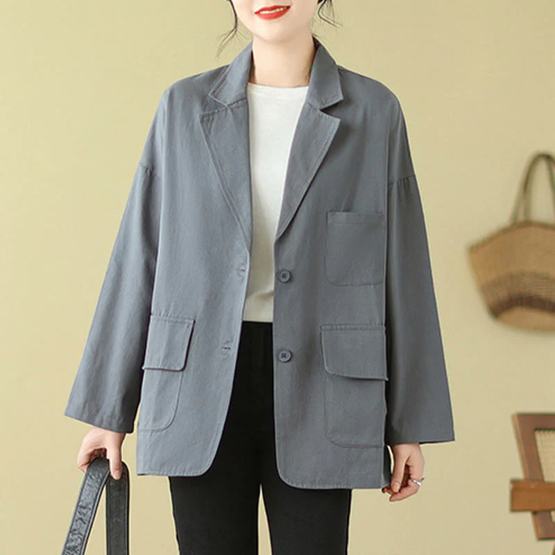 Buddha Stones Plain Women's Cotton Suit Jacket With Pockets