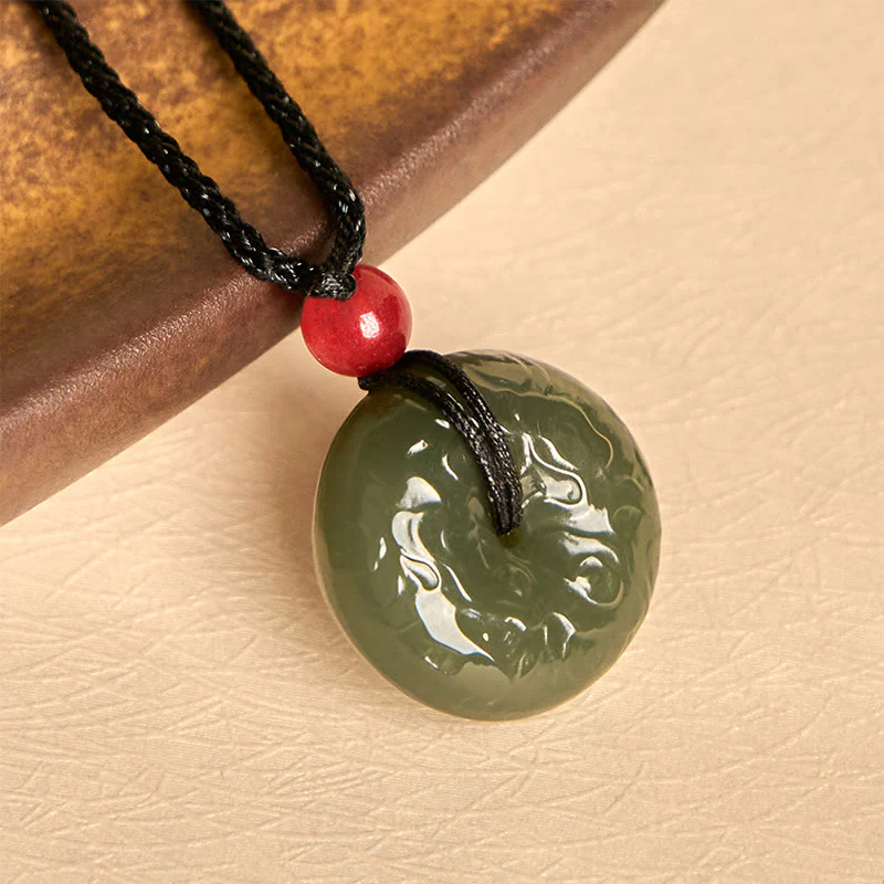 Buddha Stones Peace Buckle Auspicious Clouds Cyan Jade Necklace Luck Pendant