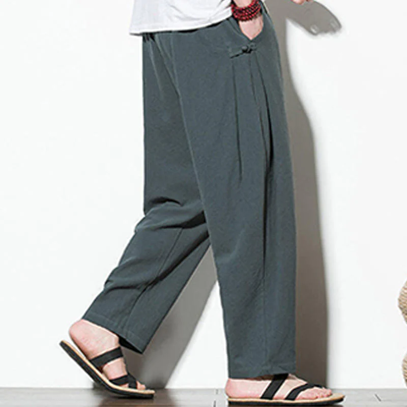 Buddha Stones Summer Side Frog-Button Design Men's Cotton Linen Pants With Pockets