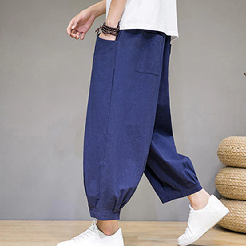 Buddha Stones Simple Cotton Men's Cropped Capri Harem Pants With Pockets