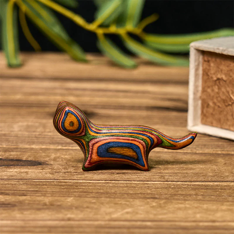 Buddha Stones Mini Rainbow Eucalyptus Walking Cat Carved Reduce Stress Decoration