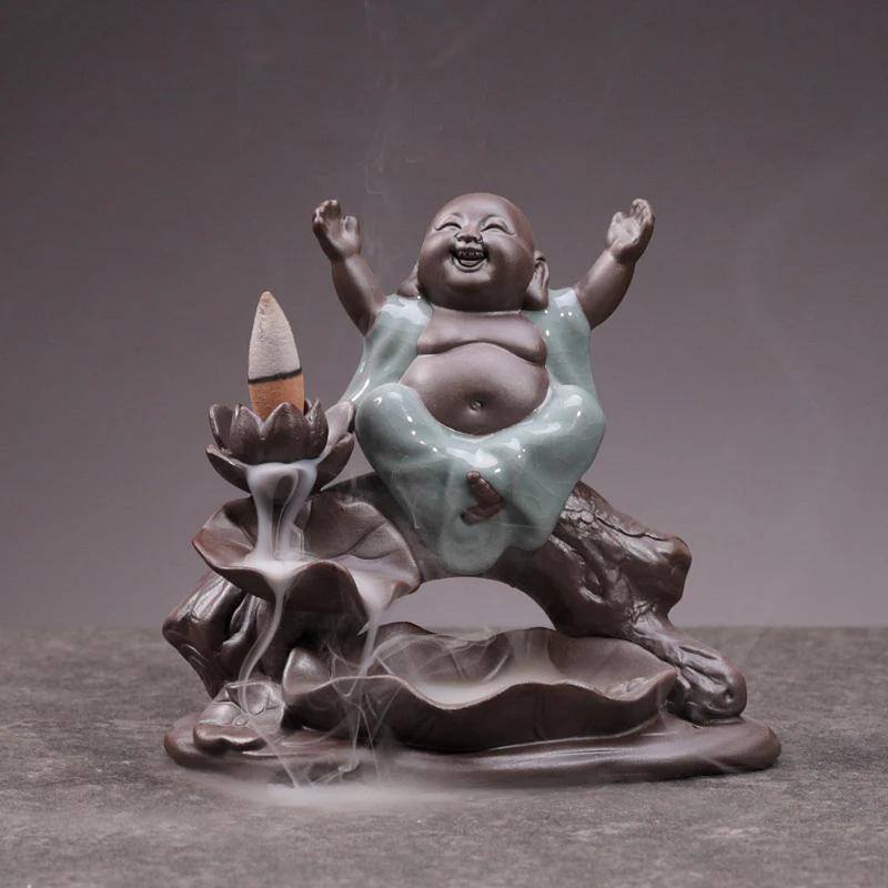 Buddha Stones Little Monk Ceramic Lotus Blessing Incense Burner Decoration