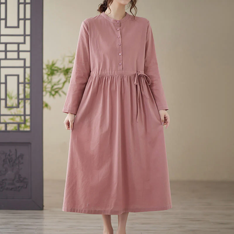 Buddha Stones Casual Plain Crew Neck Lace-up Cotton Linen Midi Dress With Pockets