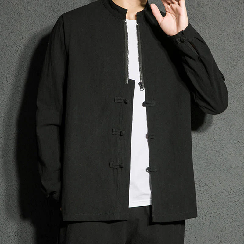Buddha Stones Plain Zipper Chinese Frog-Button Cotton Long Sleeve Men's Shirt