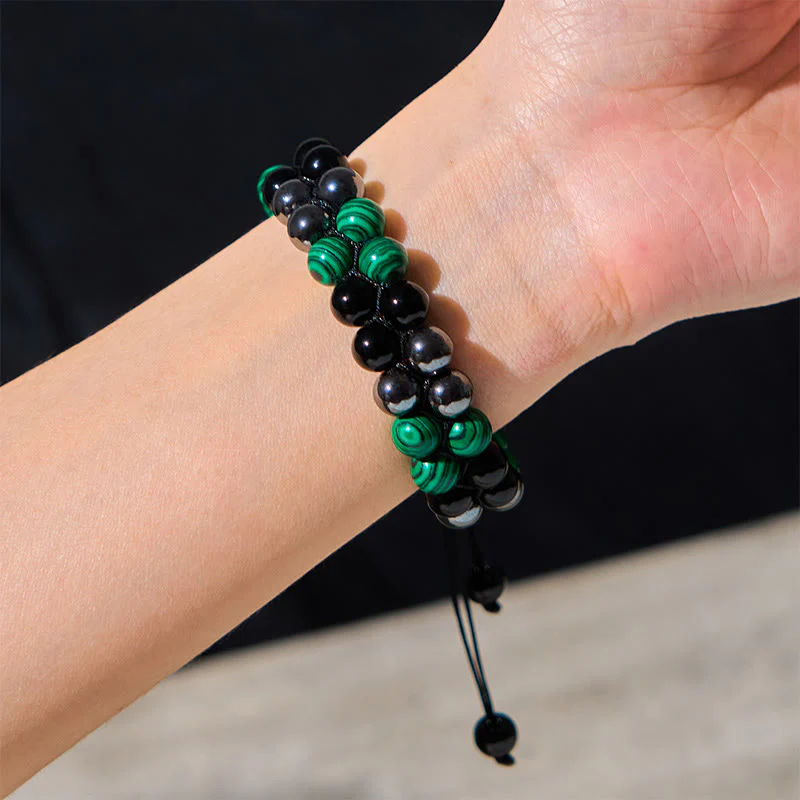 Buddha Stones Natural Malachite Black Magnetite Black Obsidian Double Row Beads Anti-Anxiety Bracelet