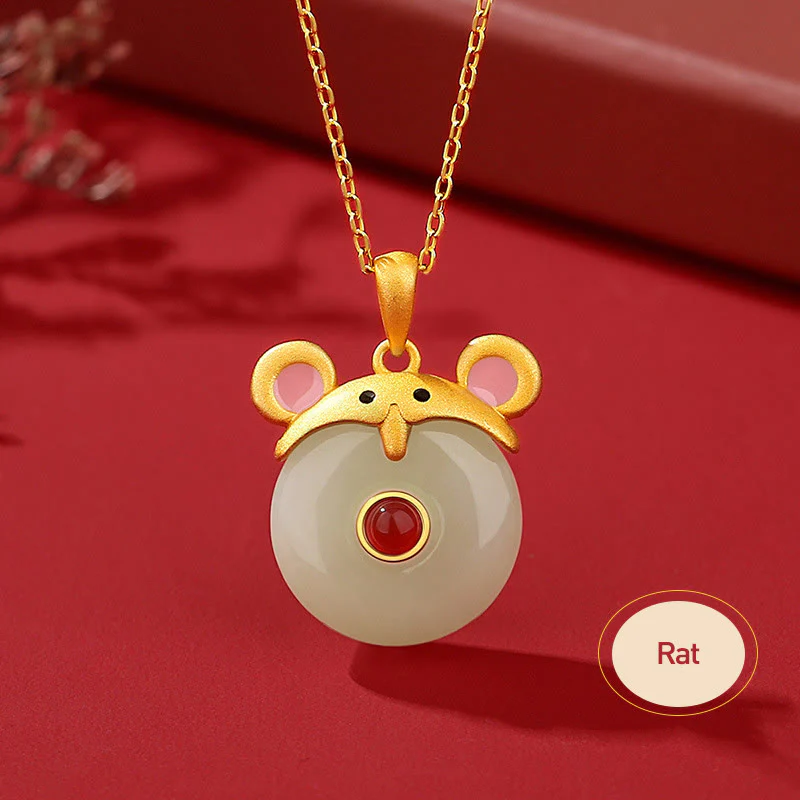 Buddha Stones 925 Sterling Silver Hetian Jade Chinese Zodiac Year of the Dragon Red Agate Luck Protection Necklace Pendant