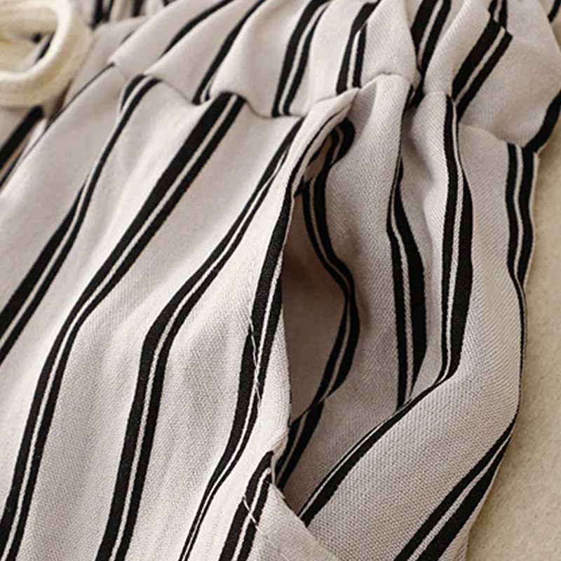 Buddha Stones Casual Acrylic Stripe Lace-up Women's Wide Leg Pants With Pockets