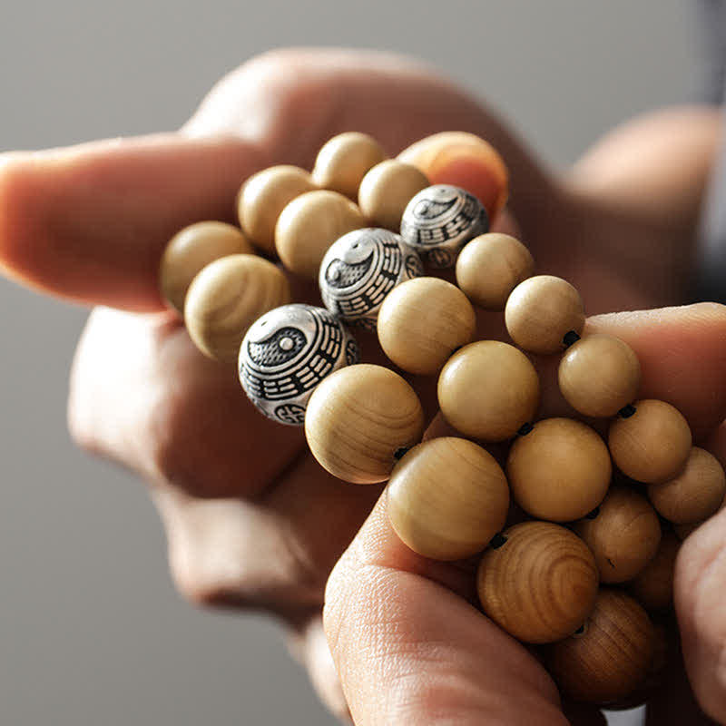 Buddha Stones Tibet Peach Wood Lotus Cinnabar Bagua Yin Yang Luck Wealth Bracelet