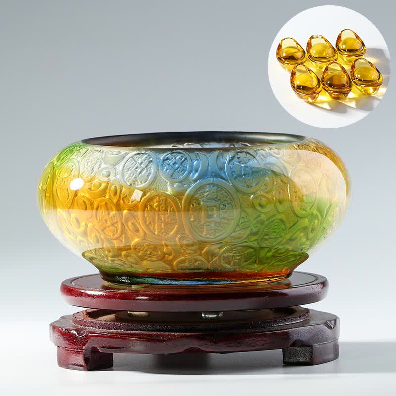 Buddha Stones Handmade Liuli Crystal Treasure Bowl Ingots Art Piece Home Decoration