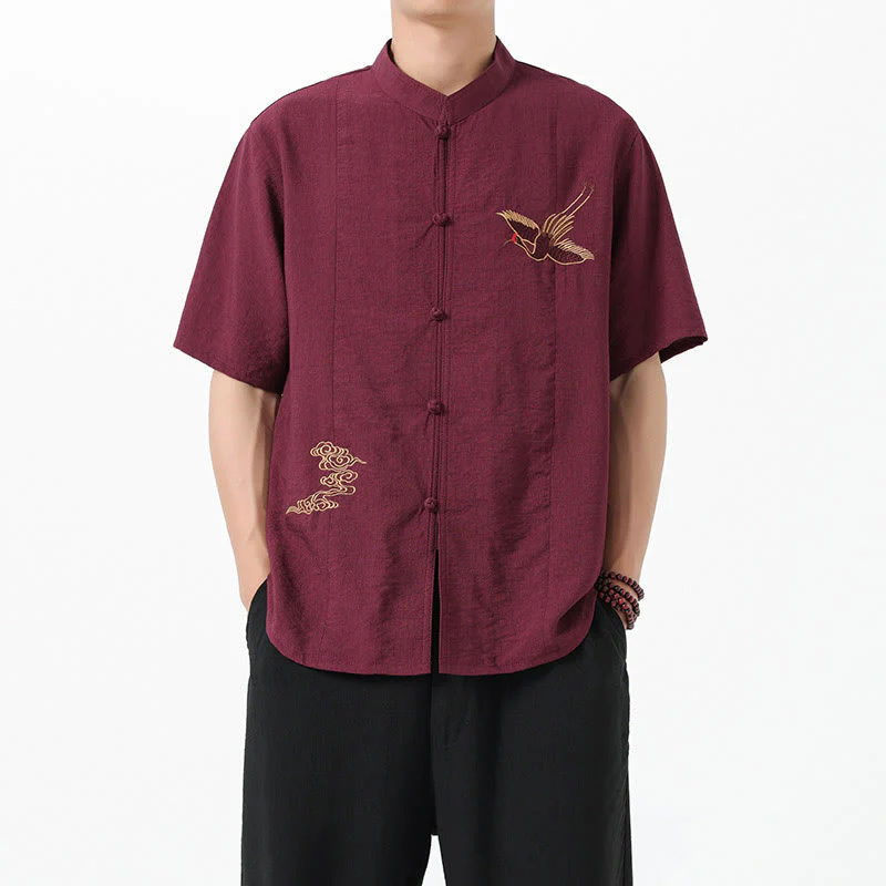 Buddha Stones Vintage Embroidery Buttons Design Stand Collar Men's Cotton Shirt