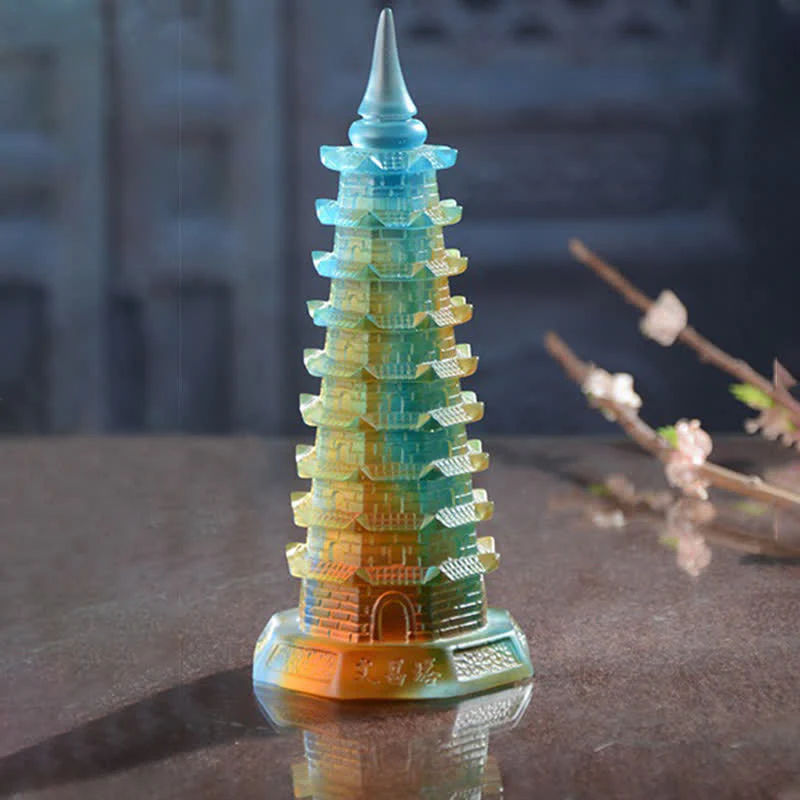 Buddha Stones Feng Shui Wenchang Tower Handmade Liuli Crystal Pagoda Art Piece Luck Home Office Decoration