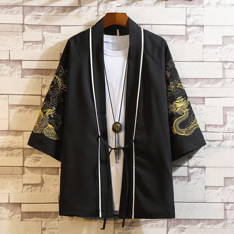 Buddha Stones Embroidery Dragon Phoenix Auspicious Cloud Waves Leaves Cranes Open Front Jacket Men's Kimono