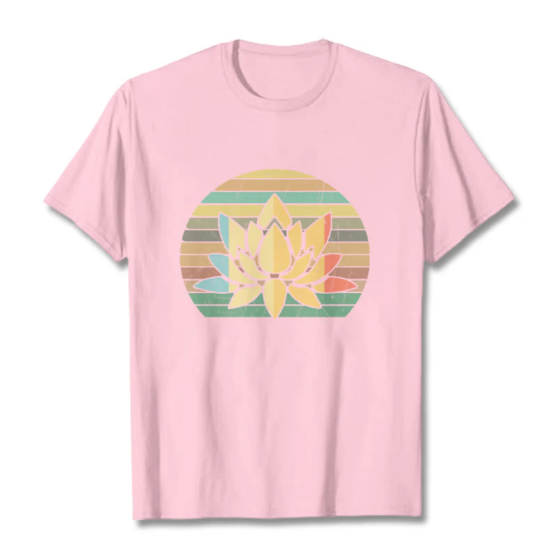 Buddha Stones Casual Retro Striped Background Lotus Flower Pattern Cotton Tee T-shirt