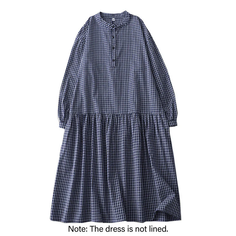 Buddha Stones Casual Plaid Buttons Lantern Long Sleeve Cotton Midi Dress