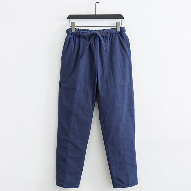 Buddha Stones Winter Solid Men's Drawstring Cotton Fleece Lined Pants With Pockets