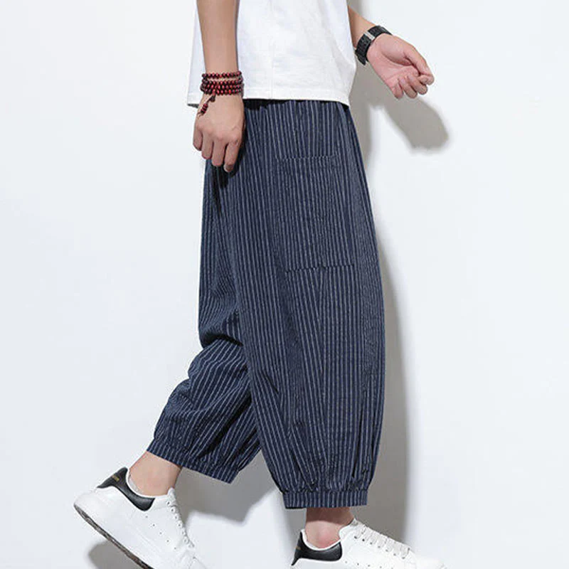 Buddha Stones Casual Striped Men's Cotton 7-8 Length Harem Pants With Pockets